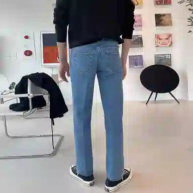 我是大卫 纯色做旧中腰拉链宽松休闲直筒牛仔裤 男女同款 蓝色