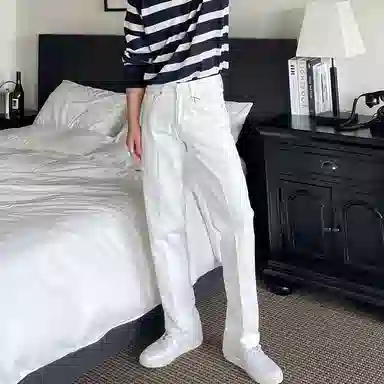 我是大卫 高街时尚纯色百搭宽松直筒简约牛仔裤 男女同款 白色