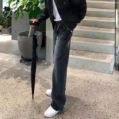 我是大卫 美式复古做旧水洗直筒高街牛仔裤 男女同款 黑色