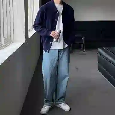 我是大卫 韩版单排扣慵懒风个性开衫纯色针织衫 男女同款