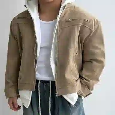 我是大卫 美拉德立领仿麂皮绒重磅复古港风痞帅拉链工装夹克外套 男女同款