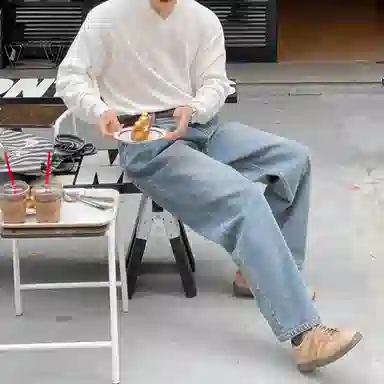 我是大卫 复古水洗做旧宽松休闲牛仔裤 男女同款