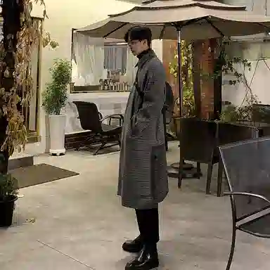 我是大卫 毛呢中长款千鸟格韩版复古休闲大衣 男女同款