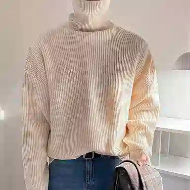 我是大卫 纯色韩系慵懒感保暖加厚宽松休闲长袖针织衫 男女同款 浅卡其色