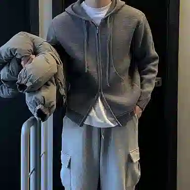 我是大卫 韩系高级感拼接连帽开衫小众设计感毛线针织衫 男女同款