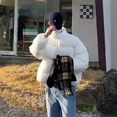 我是大卫 短款立领纯色保暖加厚面包棉服 男女同款 白色