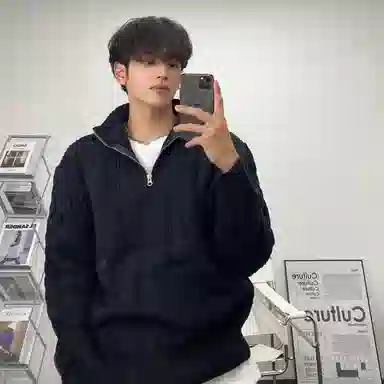 我是大卫 提花慵懒风基础款半开襟落肩高领长袖针织衫 男女同款