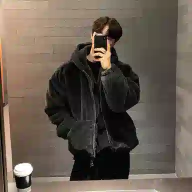 我是大卫 纯色羊羔毛连帽保暖加厚外套夹克 男女同款