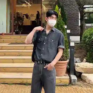 我是大卫 夏季宽松做旧高级感休闲牛仔衬衣韩版痞帅时尚短袖衬衫 男款