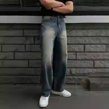 我是大卫 美式复古水洗做旧直筒高街百搭潮牌宽松阔腿牛仔裤 男女同款 深蓝色