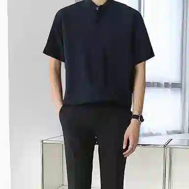 我是大卫 纯色立领复古宽松休闲短袖衬衫 男女同款