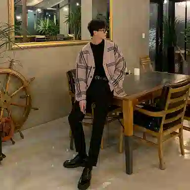 我是大卫 复古格子单排扣开衫慵懒风棋盘格条纹针织衫 男女同款