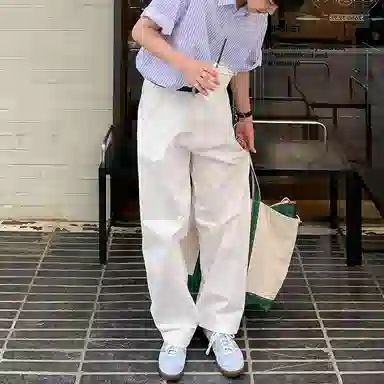 我是大卫 日系复古直筒宽松休闲裤 男女同款 白色