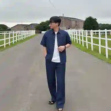 我是大卫 美式复古牛仔短袖上衣重工车线拼接水洗工装长裤衬衫套装 通用 蓝色