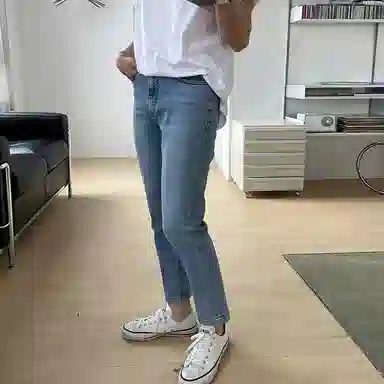 我是大卫 水洗修身直筒九分牛仔裤 男女同款 浅蓝色