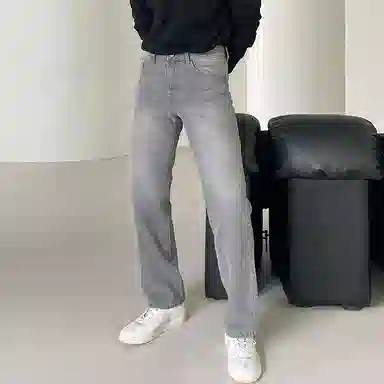 我是大卫 高街复古直筒宽松牛仔裤 男女同款 烟灰色