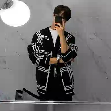 我是大卫 复古格子单排扣开衫慵懒风棋盘格条纹针织衫 男女同款