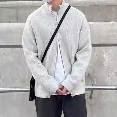 我是大卫 纯色立领双开拉链休闲针织衫 男女同款 浅灰色