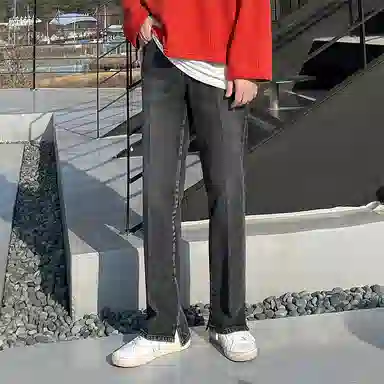 我是大卫 复古深色开叉宽松直筒牛仔裤 男女同款 黑色