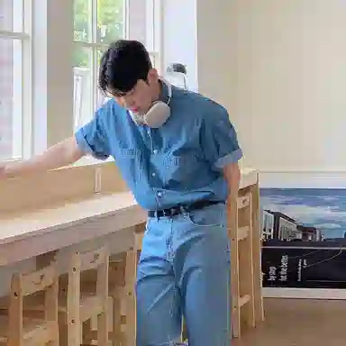 我是大卫 夏季宽松做旧高级感休闲牛仔衬衣韩版痞帅时尚短袖衬衫 男款