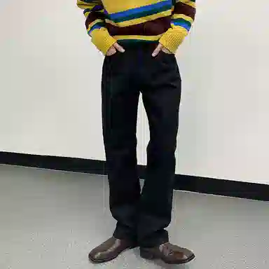 我是大卫 纯色拉链潮牌宽松直筒百搭拖地阔腿牛仔裤 男款 黑色