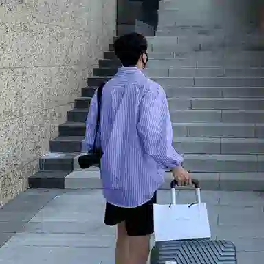 我是大卫 港风复古条纹基础宽松尖领长袖衬衫 男女同款 蓝色条纹