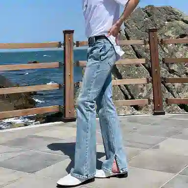 我是大卫 韩版复古直筒宽松百搭水洗牛仔裤 男女同款 浅蓝色