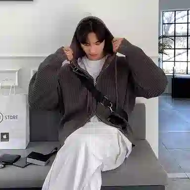 我是大卫 慵懒风宽松连帽拉链针织衫 男女同款 深灰色