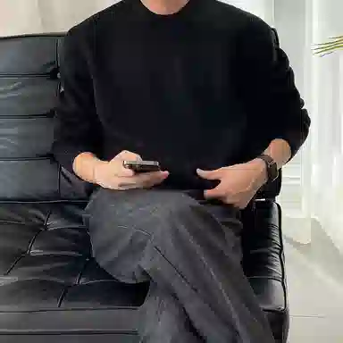 我是大卫 纯色圆领慵懒风简约韩系百搭宽松长袖针织衫 男女同款