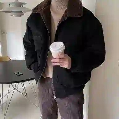 我是大卫 拼色港风复古翻领加绒加厚棉服 男女同款 黑色