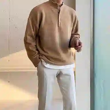 我是大卫 纯色半开襟宽松休闲长袖针织衫 男女同款