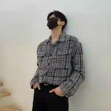 我是大卫 复古小香风编织格子休闲长袖衬衫 男女同款 灰色格子