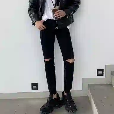 我是大卫 修身纯色中腰九分牛仔裤 男女同款 黑色