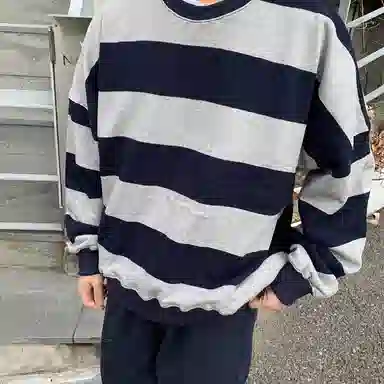 我是大卫 撞色拼接韩版基础款横条条纹潮流宽松卫衣 男女同款