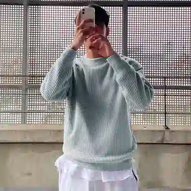 我是大卫 文艺风简约基础款休闲打底纹理感宽松针织衫 男女同款