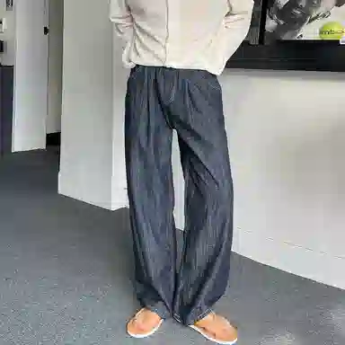 我是大卫 纯色中腰松紧宽松直筒牛仔裤 男女同款 深蓝色