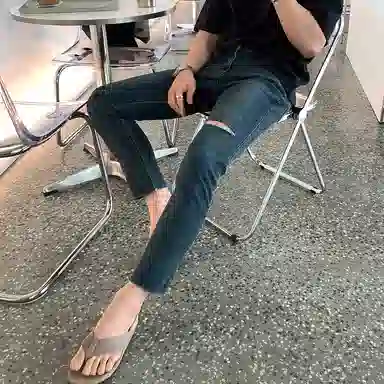 我是大卫 美式破洞修身百搭小脚九分牛仔裤 男女同款 深蓝色