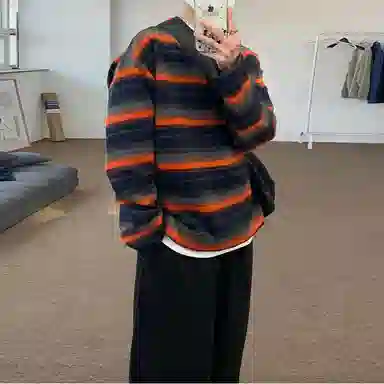 我是大卫 彩色条纹宽松圆领套头针织卫衣 男女同款 橙色