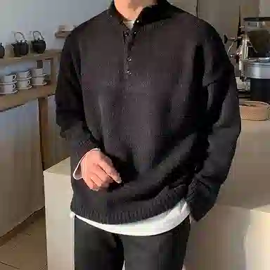 我是大卫 纯色半开襟宽松休闲长袖针织衫 男女同款