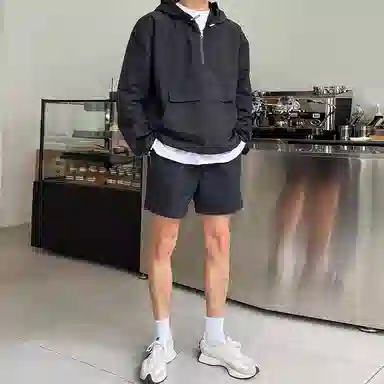 我是大卫 纯色简约半拉链设计连帽套头长袖上衣抽绳直筒短裤休闲运动套装 男女同款