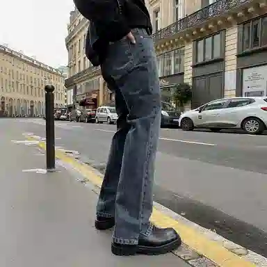 我是大卫 美式复古时尚设计感水洗牛仔裤 男女同款 深蓝色