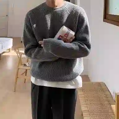 我是大卫 纹理复古打底慵懒感长袖针织衫 男女同款