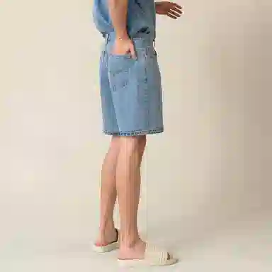 我是大卫 复古设计感水洗牛仔裤潮流毛边直筒宽松五分休闲短裤 男女同款 蓝色