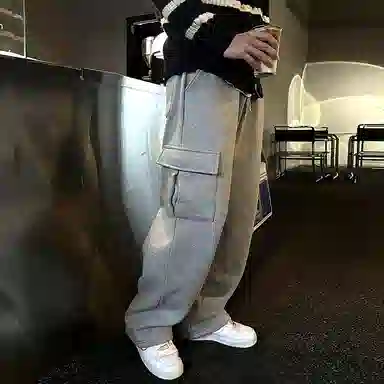 我是大卫 街头慵懒风侧口袋设计宽松阔腿抽绳工装直筒休闲裤 男款 灰色