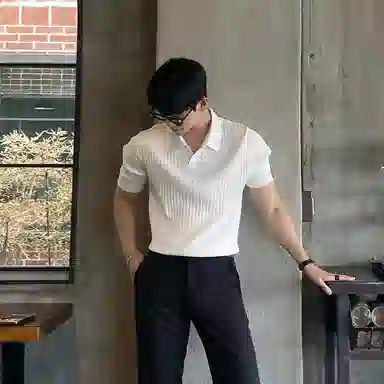 我是大卫 纯色翻领休闲百搭短袖针织衫 男女同款 白色