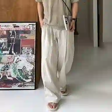 我是大卫 单掐褶松紧腰直筒裤慵懒风设计感宽松百搭休闲裤 男女同款