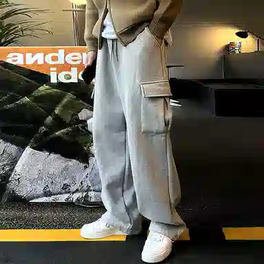 我是大卫 街头慵懒风侧口袋设计宽松阔腿抽绳工装直筒休闲裤 男款 灰色