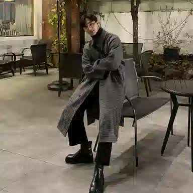 我是大卫 毛呢中长款千鸟格韩版复古休闲大衣 男女同款