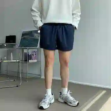 我是大卫 宽松高街直筒五分时尚简约百搭休闲短裤 男女同款 深蓝色