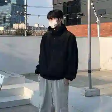 我是大卫 韩版气质夹克连帽开衫纯色潮牌高级时尚宽松休闲长袖卫衣 男女同款 黑色